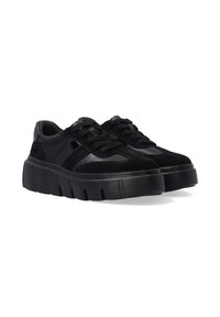 Schwarze Sneakers aus Leder und Wildleder, mit einer dicken, gerippten Sohle, runder Zehenform und Schnürdesign mit tonalen Akzenten.
