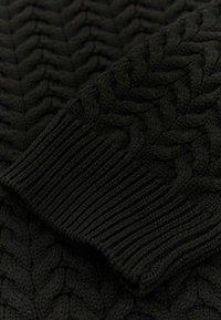 Maglione nero lavorato a maglia con un motivo a treccia testurizzato e polsini a costine. Il tessuto appare spesso e morbido, mostrando una finitura liscia.