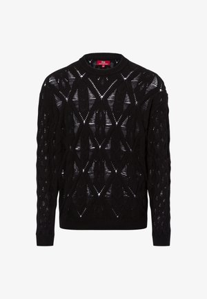 Zwarte gebreide trui met een ruitpatroon en openworkdetails, ronde halslijn en lange mouwen. Gemaakt van lichtgewicht, ademend materiaal.
