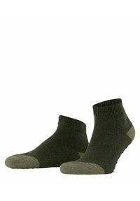 Dunkelgrüne Crew-Socken mit einem strukturierten Strickdesign und hellgrünen Akzenten an Zehe und Ferse. Dickes Material für Langlebigkeit.