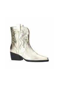 Bottines métalliques dorées avec des bouts pointus, des coutures décoratives, des motifs texturés et un petit talon carré. Dispose d'une languette à l'arrière.