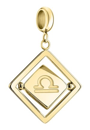 Guldtonet pendants med en diamantform, der har et indre kvadrat med Libra stjernetegnet, glat tekstur og poleret overflade.