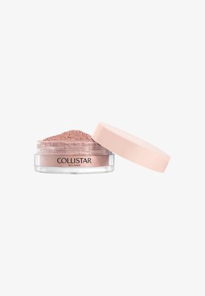 Poudre cosmétique rose libre dans un pot transparent avec un couvercle rose clair posé sur le côté, étiqueté "Collistar Milano".
