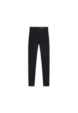 Leggings neri realizzati in un tessuto elasticizzato, con un'alta vita, vestibilità aderente e texture liscia senza motivi o decorazioni.