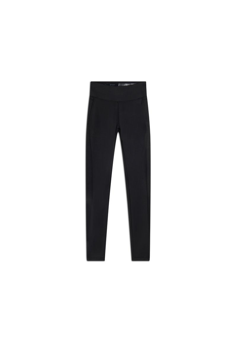 Leggings neri realizzati in un tessuto elasticizzato, con un'alta vita, vestibilità aderente e texture liscia senza motivi o decorazioni.