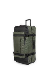 Bolsa de viaje enrollable en verde oscuro y negro. Hecha de material duradero, cuenta con múltiples bolsillos con cremallera, correas y un asa retráctil.