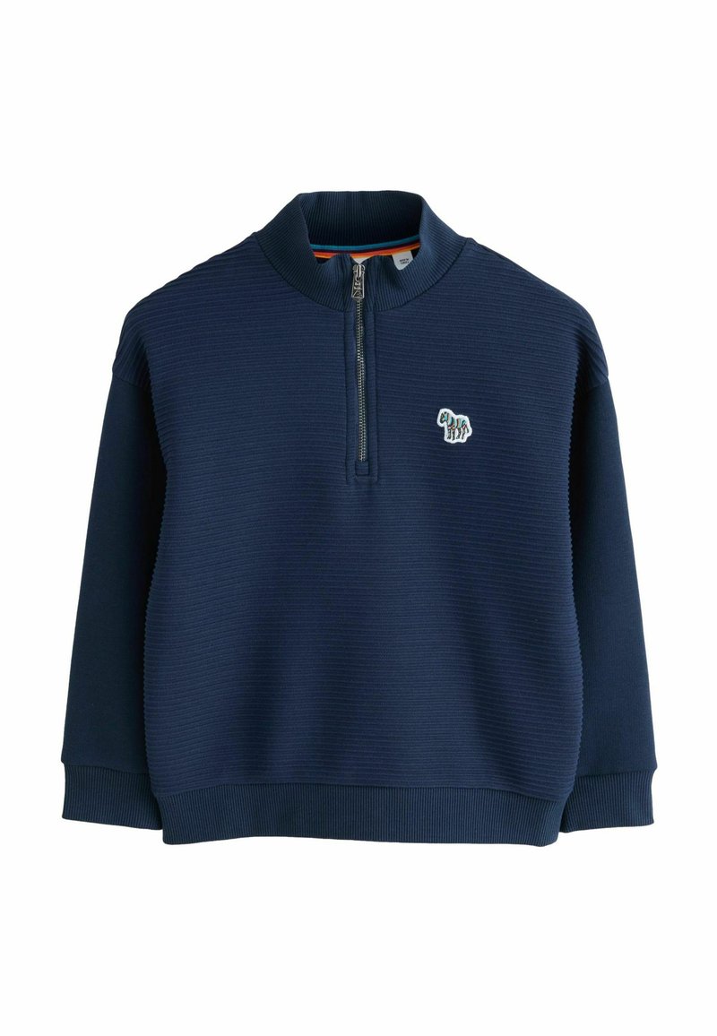 Pullover a maniche lunghe a coste blu navy con zip a metà e piccolo logo colorato di un cane sul lato sinistro del petto.