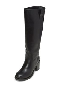 Schwarze, knöchelhohe Stiefel aus Leder mit Blockabsatz, glatter Textur, schmaler Öffnung und subtilen Nahtdetails an der Schaft.