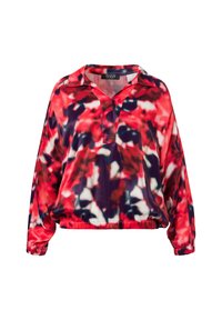 Lange mouw pullover in een levendig rood en paars abstract patroon, met een kraag, afgezakte schouders en een elastische zoom. Gemaakt van een gladde stof.