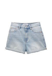 Pantalones cortos de mezclilla de color azul claro con dobladillo enrollado, cinco bolsillos y herrajes de cobre. La tela presenta una textura ligeramente descolorida.