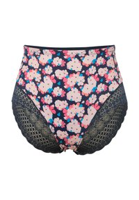 Mutandine a vita alta di colore blu navy con un motivo floreale in rosa e blu. Presentano dettagli in pizzo e bordi ondulati su pannelli scuri e testurizzati.