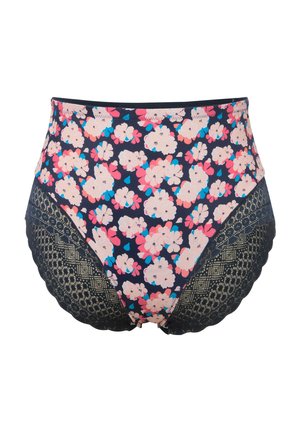Majtki wysokie w granatowym kolorze z różowym i niebieskim kwiatowym wzorem. Zawierają koronkowe detale oraz falbany na ciemnych teksturowanych panelach.