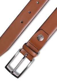 Brauner Ledergürtel mit glatter Textur, silberner rechteckiger Schnalle und fünf Einstelllöchern. Verfügt über ein Metallembellishment in der Nähe der Schnalle.