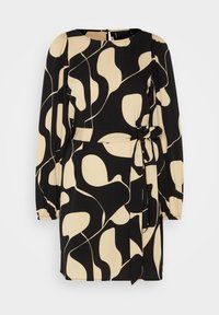 Black and beige patterned dress with long sleeves, round neckline, tied waist, and loose fit. Smooth fabric with abstract shapes and a zip closure.