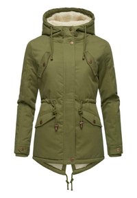 Green padded jacket with a faux fur lining, adjustable drawstring waist, two front pockets, and snap button accents.