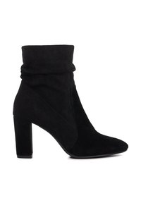 Black ankle boot made of suede with a slouchy top, pointed toe, and a chunky heel. Features smooth texture and minimal stitching accents.