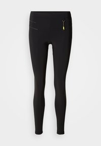 Black leggings made of elastic material, featuring a high waist, zippered pockets with yellow accents, and a smooth texture.