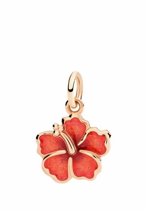 Gold- und rot emaillierter Hibiskusblumenanhänger mit fünf Blütenblättern und einer Öse zum Befestigen an einem Armband oder einer Halskette.
