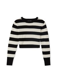 Maglione corto a righe bianche e nere con texture a costine, maniche lunghe e scollatura tonda. Presenta righe larghe e strette alternate.