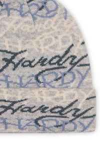 Knit beanie in light gray with patterned script logos in dark green and blue. Soft texture, folded cuff, and rounded top design.