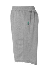 Grijze sportshorts van ademend materiaal, met een elastische tailleband, zijzakken en gestikte details aan de zijkanten.