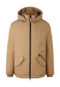 Braune gepolsterte Winterjacke mit Kapuze, Frontreißverschluss, zwei Klappen Taschen und einer seitlichen Reißverschlusstasche auf der rechten Seite.