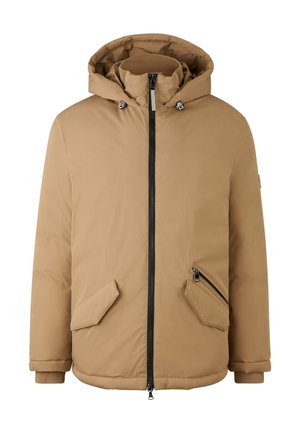 Braune gepolsterte Winterjacke mit Kapuze, Frontreißverschluss, zwei Klappen Taschen und einer seitlichen Reißverschlusstasche auf der rechten Seite.