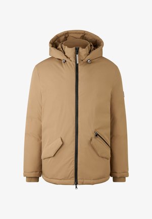 Tan padded winter jacket with hood, front zipper, two flap pockets, and one zippered pocket on right side.