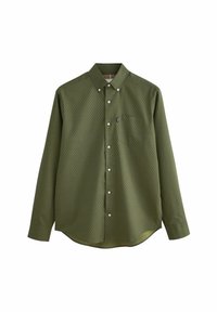 Long-sleeve button-up shirt in forest green with a subtle wave pattern, front pocket, and white buttons. Soft fabric with a smooth texture.