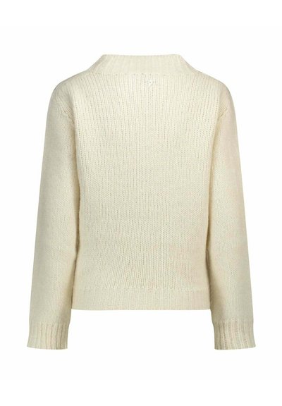 Maglione lavorato a maglia color avorio con maniche lunghe, colletto e polsini a costine, caratterizzato da un motivo testurizzato e un piccolo logo sul retro.