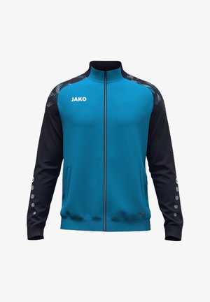 Blau-schwarze Sportjacke mit durchgehendem Frontreißverschluss, zwei Seitentaschen, weißem JAKO-Logo auf der Brust und gemusterten Schulter- und Ärmeldetails.
