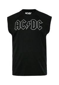 Zwarte mouwloze T-shirt van katoen, met een opvallend wit "AC/DC" logo met een bliksemschicht in het midden.