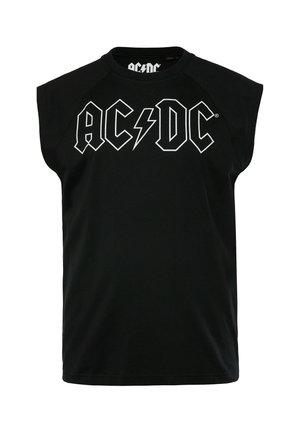 Maglietta senza maniche nera in cotone, con un logo bianco "AC/DC" ben visibile al centro, accompagnato da un fulmine.