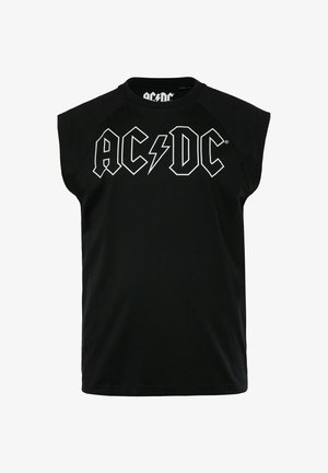 Czarna koszulka bez rękawów z bawełny, z wyraźnym białym logo "AC/DC" z błyskawicą na środku.