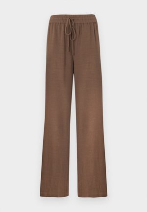 Pantalon en lin léger marron avec une coupe décontractée, doté d'une taille à cordon de serrage et de jambes larges. Texture lisse, sans motifs ni accents visibles.