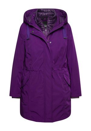 Lila wasserdichte Parka mit Kapuze, ausgestattet mit einem gesteppten Innenfutter, elastischem Kordelzug in der Taille und zwei Seitentaschen. Glatte Textur und modernes Design.