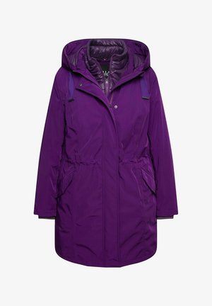Paarse waterdichte parka met capuchon, voorzien van een gevoerde binnenkant, elastische drawstring taille en twee zijzakken. Glad textuur en modern ontwerp.