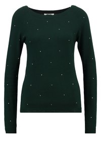 Pull vert foncé à manches longues orné de petits clous métalliques espacés régulièrement et d'un large col rond.