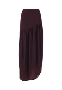 Jupe midi bordeaux avec taille ajustée et design à volants superposés, fabriquée en tissu léger, présentant une texture lisse et un éclat subtil.