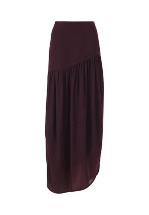 Bordeaux midi-rok met een aansluitende taille en gelaagd ruffle ontwerp, gemaakt van lichte stof, met een soepele textuur en subtiele glans.