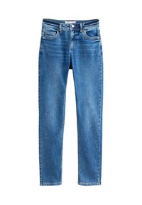 Jeans din denim albastru decolorat, cu croi drept, cinci buzunare, închidere cu buton și fante pentru curea. Textură netedă și design clasic.