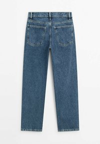 Bleka blå denimjeans, rak bendesign, med två bakfickor och sömmar i kontrast. Ingen synlig hårdvara eller dekorationer.