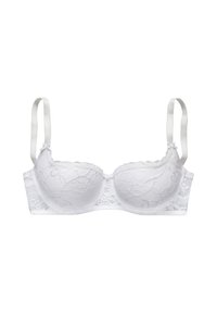 Baltas nėriniuotas liemenukas su laikymo viela, turi dekoratyvinius nėrinių raštus, išlinkusias taures, reguliuojamus satino dirželius ir banguotą kraštą.