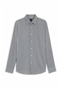 Randig långärmad skjorta i marinblått och vitt, med en knapp-ner krage, framknappar och manschetter med kontrasterande trim.