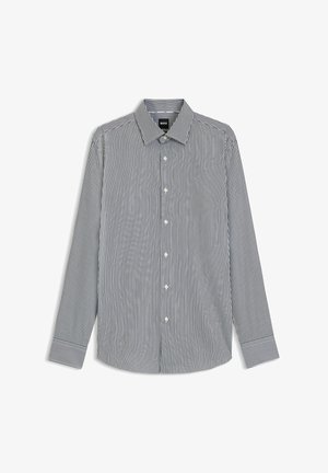 Stribet langærmet skjorte i marineblå og hvid, med krave med knaplukning, frontknapper og manchetter med kontrastkant.