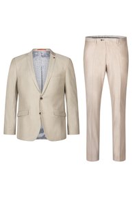Helles beiges Anzug, bestehend aus einem einreihigen Blazer mit zwei Fronttaschen und passenden Hosen, maßgeschneiderte Ausführung mit glatter Textur.