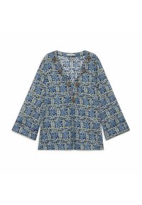 Blusa blu a fantasia con scollo a V, maniche a tre quarti e dettagli floreali, realizzata in un tessuto leggero con dettagli intricati.
