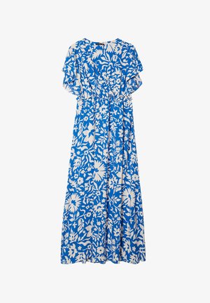 Maxikleid mit blauem Blumenmuster und weißen Drucks, kurzen, ausgestellt geschnittenen Ärmeln, elastischem Taillenbund und fließender Stoffstruktur. Entworfen für entspanntes Tragen.