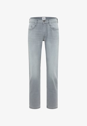 Jean de mezclilla gris claro con corte recto, diseño estándar de cinco bolsillos y un ligero desgastado. Incluye un botón de metal y pasadores para el cinturón.