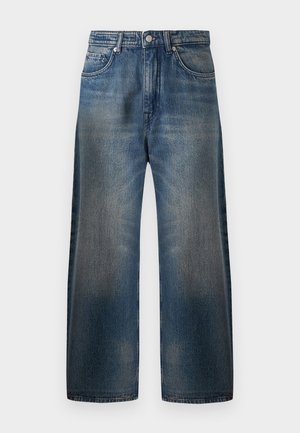 Vide ben blå denimjeaner med en falmet finish, med fem lommer, knappelukking og synlige sømdetaljer.